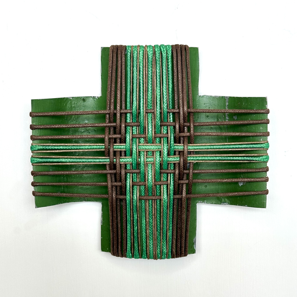 Weave me in Green III, Iron rescued from Lake Hāwea, Central Otago and woven with waxed cord and mercerised thread, Gilly Sheffield, wall sculpture