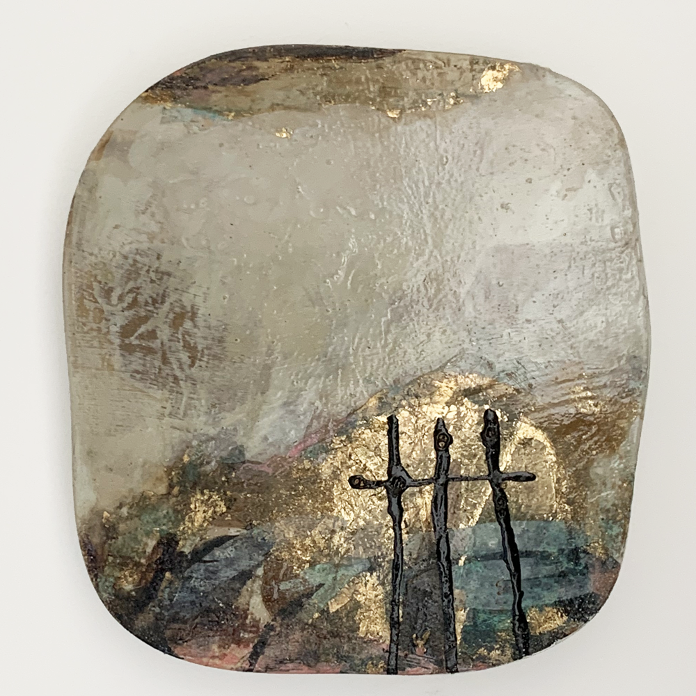 Jody Hope Gibbon, Tablet #14, Mixed media on custom wood block