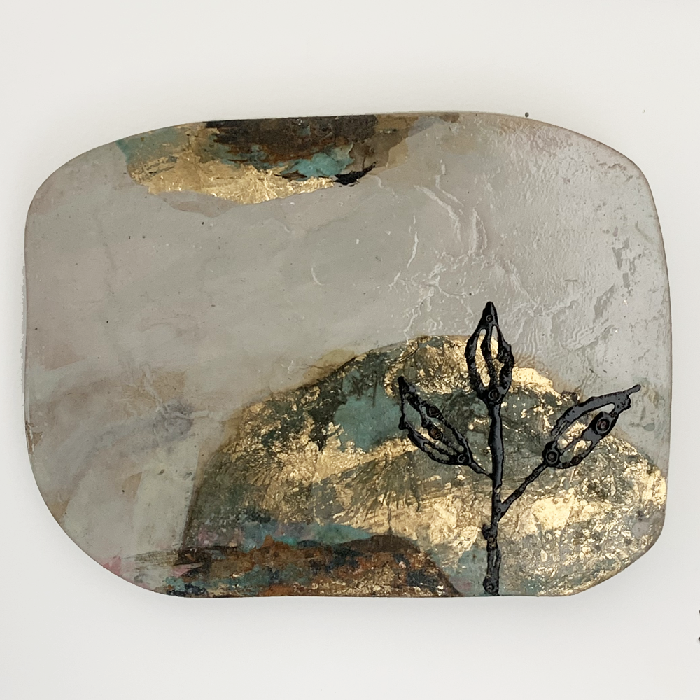 Jody Hope Gibbon, Tablet #11, Mixed media on custom wood block