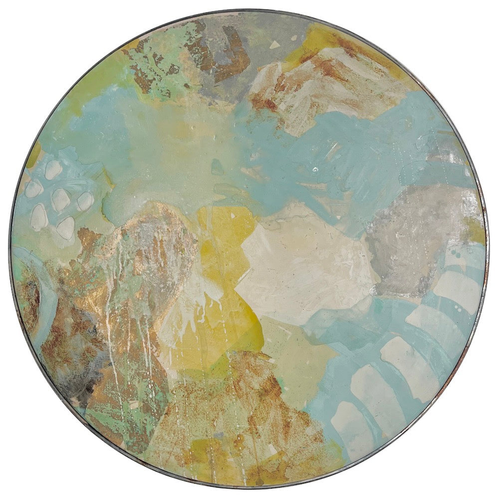 Transition, Jody hope Gibbons, mixed media painting on wine barrel, abstract painting