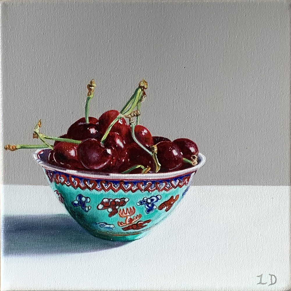 Cherries in Antique Turquoise Bowl | Lee Dewsnap | Original Painting | Turua Gallery | Still Life Painting 
