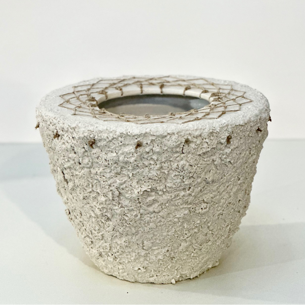 Homage II | Michelle Huizinga | Wheel thrown stoneware, glazed and woven with hemp | Shift into Neutral Exhibition | Turua Gallery