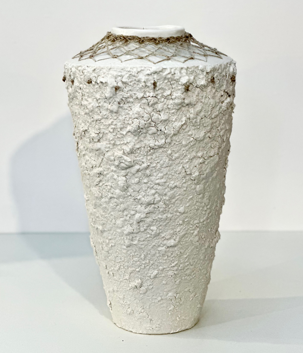 Homage IV | Michelle Huizinga | Wheel thrown stoneware, glazed and woven with hemp | Shift into Neutral Exhibition | Turua Gallery