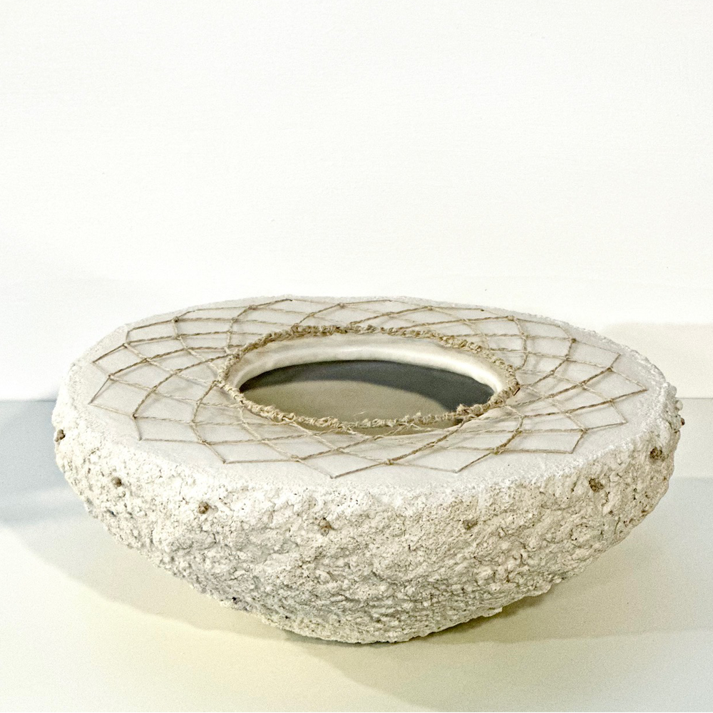 Homage I | Michelle Huizinga | Wheel thrown stoneware, glazed and woven with hemp | Shift into Neutral Exhibition | Turua Gallery
