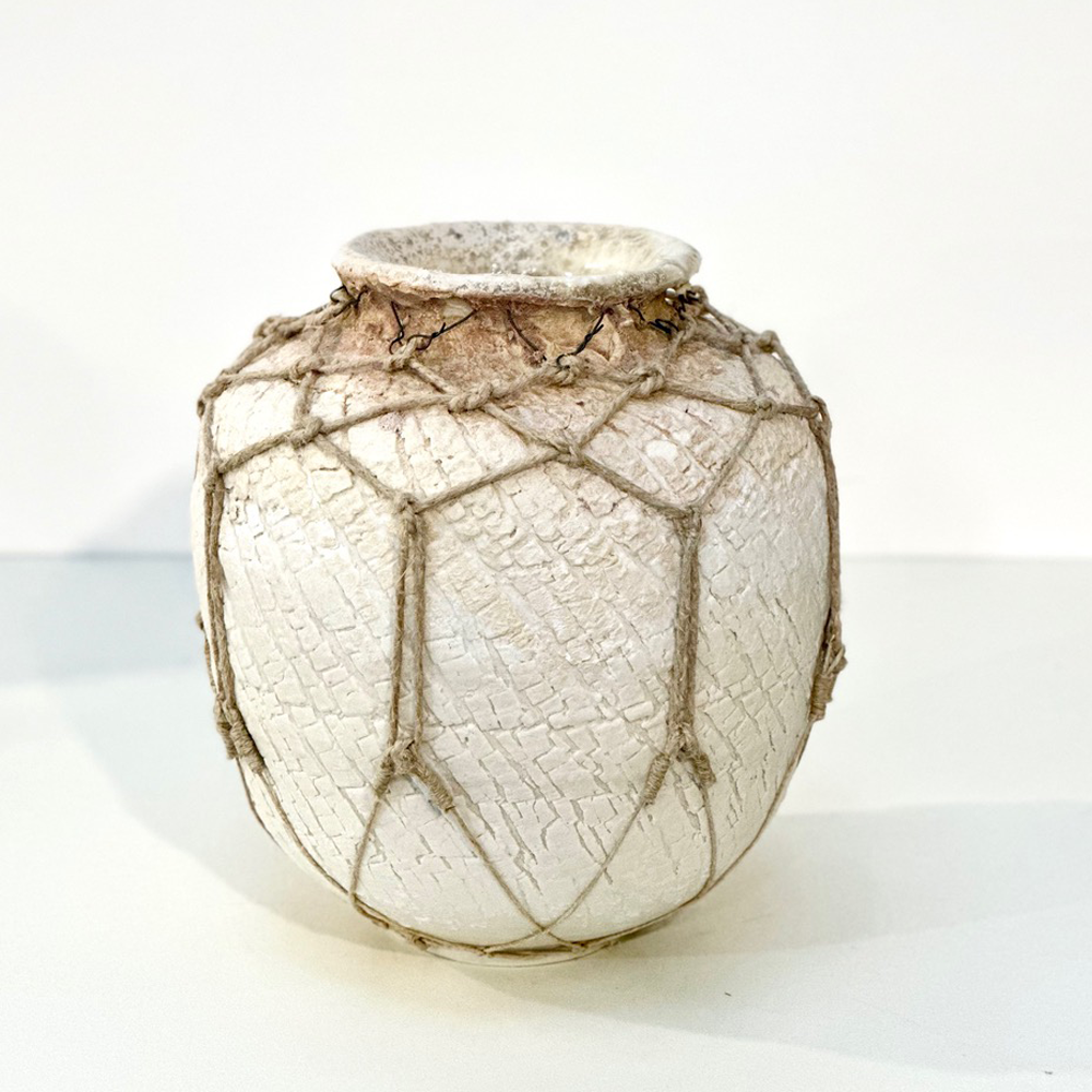 Tribute III | Michelle Huizinga | Wheel thrown stoneware, glazed and woven with hemp | Shift into Neutral Exhibition | Turua Gallery