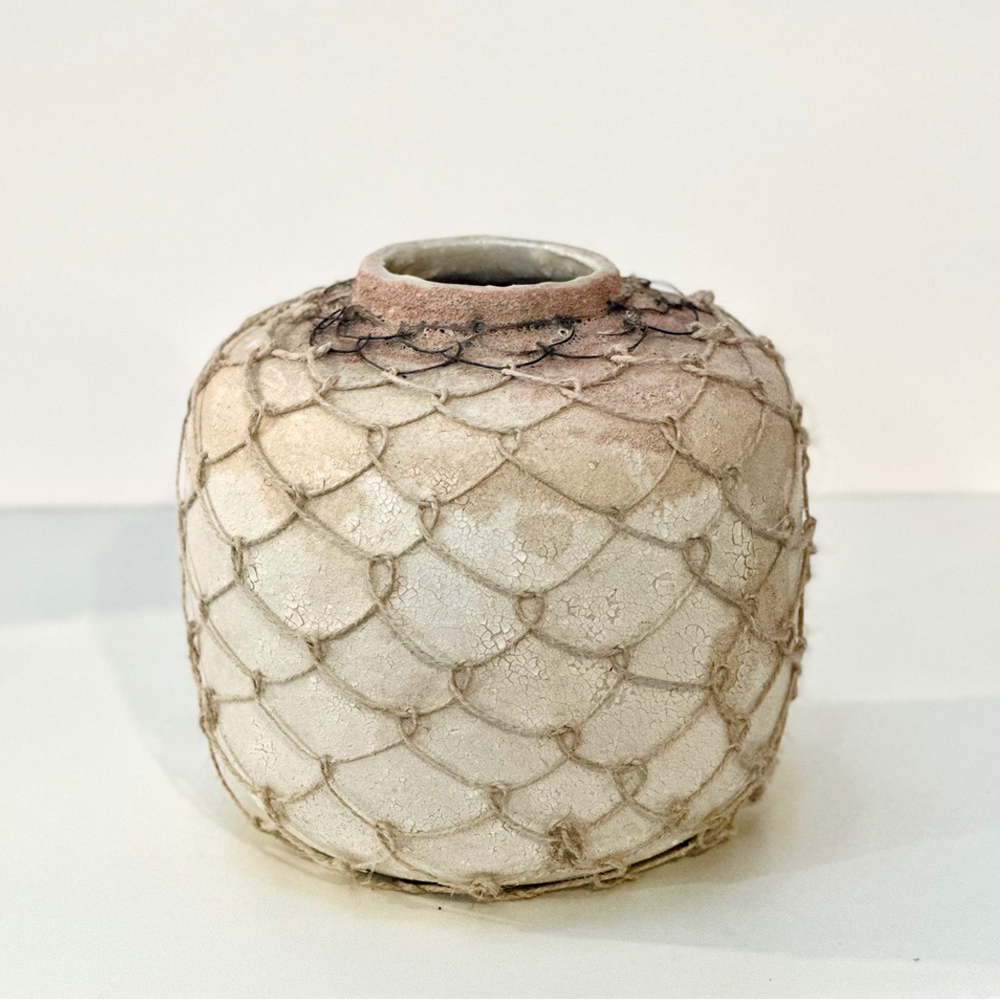 Tribute I | Michelle Huizinga | Wheel thrown stoneware, glazed and woven with hemp | Shift into Neutral Exhibition | Turua Gallery