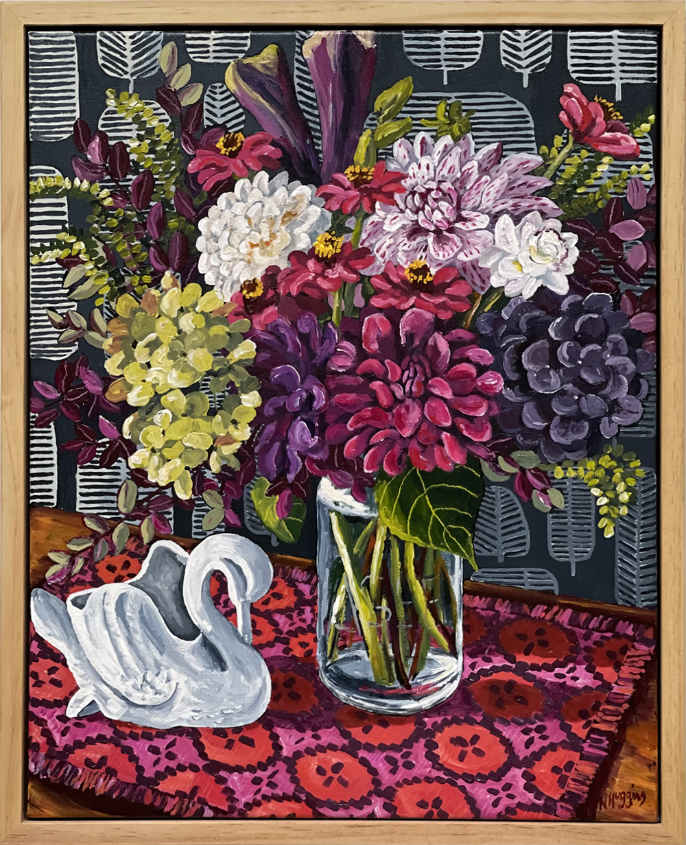 Dahlia nd Crown Lynn painting  framed by Narelle Huggins