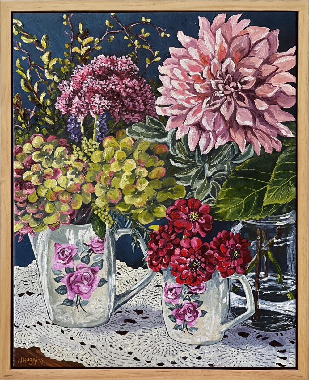 My Table Is Full original acrylic Still Life painting on canvas framed by Narelle Huggins