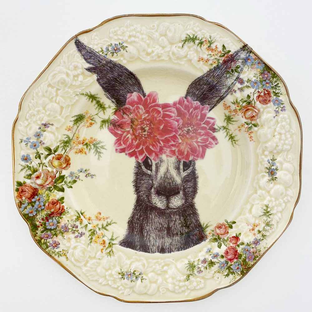 Philina Den Dulk Dahlia Bunny upcycled fine china ready to hang
