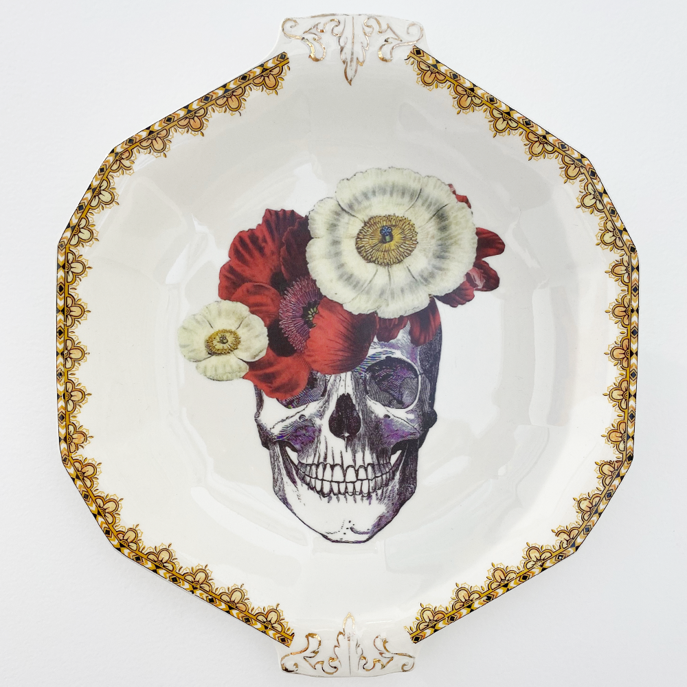 Philina Den Dulk Floral Skull upcycled fine china ready to hang