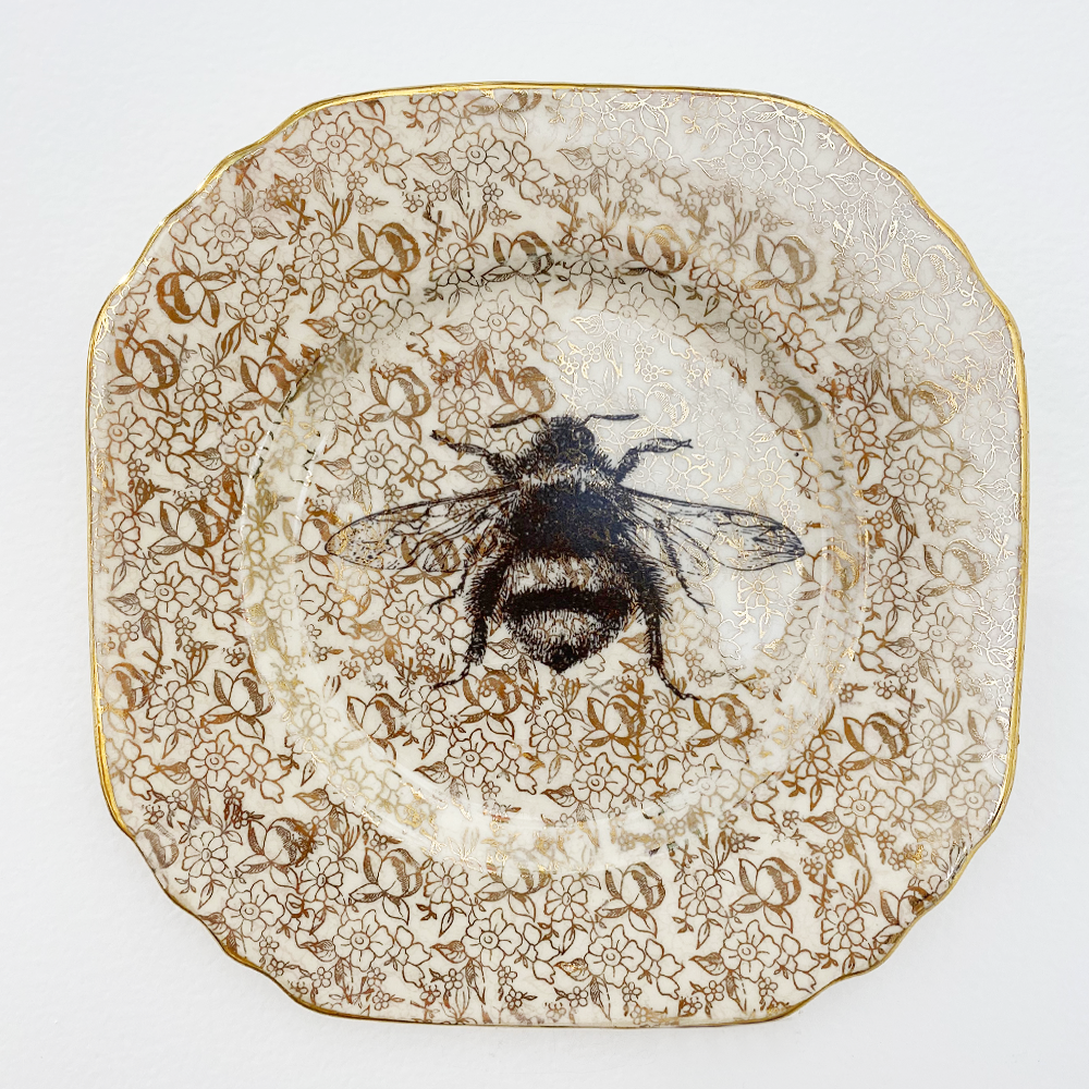 Philina Den Dulk Gold Floral Bee 1 upcycled fine china ready to hang