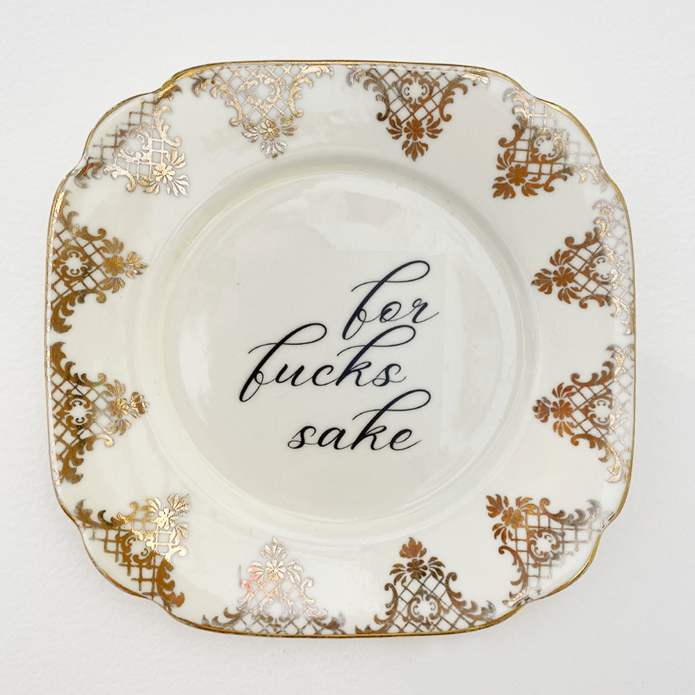 Philina Den Dulk Ornate Gold For Fucks Sake upcycled fine china ready to hang 