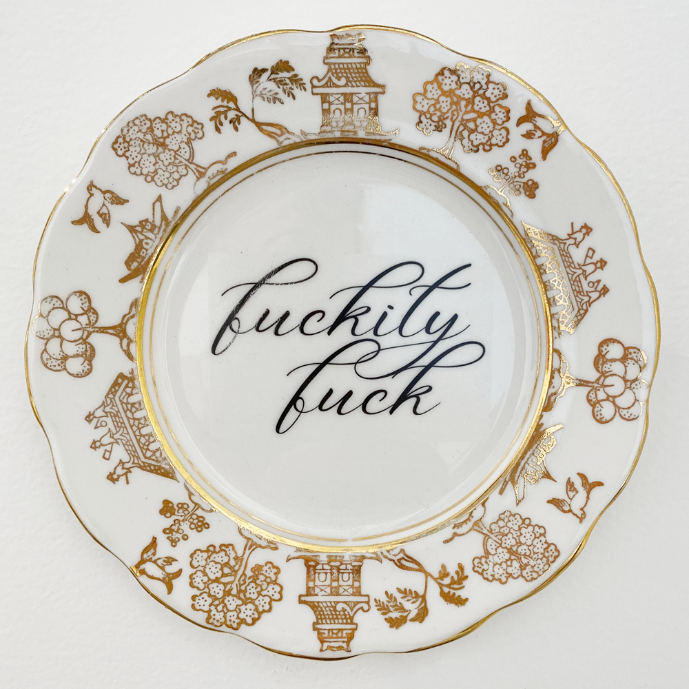 Philina Den Dulk Royal Gold Fuckity Fuck upcycled fine china ready to hang