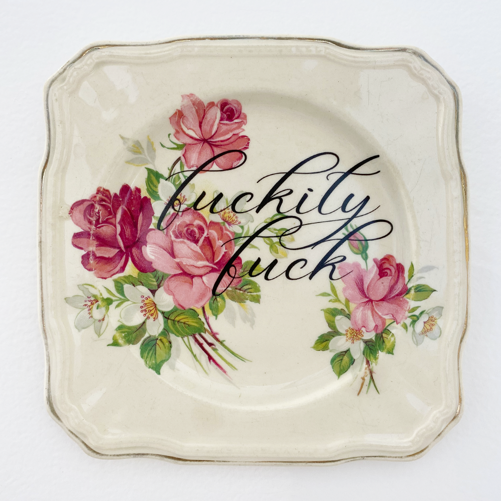 Philina Den Dulk Vintage Rose Fuckity Fuck upcycled fine china ready to hang 
