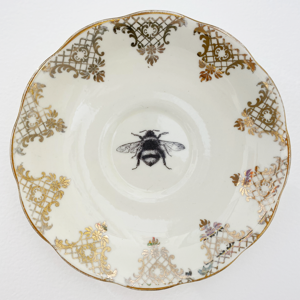 Philina Den Dulk White Gold Bee upcycled fine china ready to hang