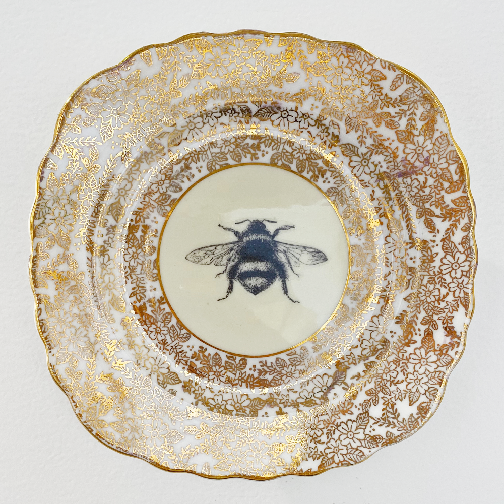 Philina Den Dulk Golden Floral Yellow Bee Upcycled Fine China Ready to Hang