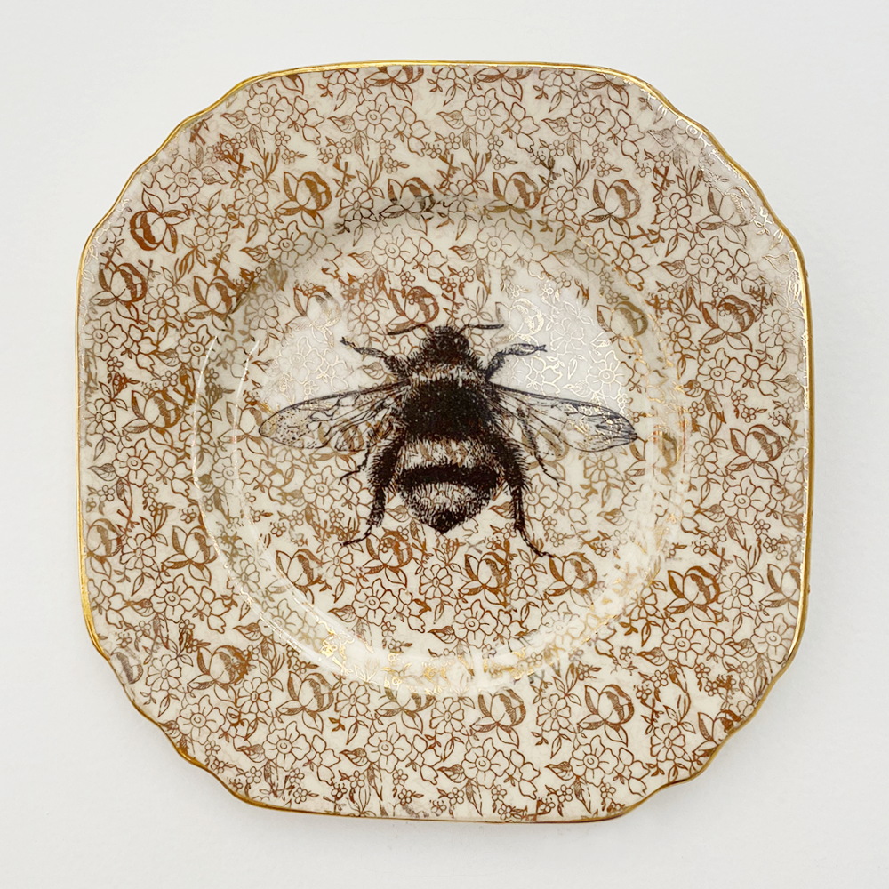 Philina Den Dulk Gold Floral Bee 2 upcycled fine china ready to hang 