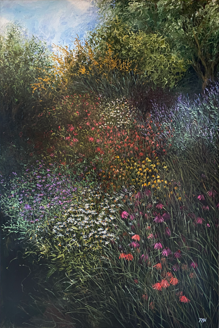 Back Swan. Rachael Mayne. Large original painting. Floral. Garden