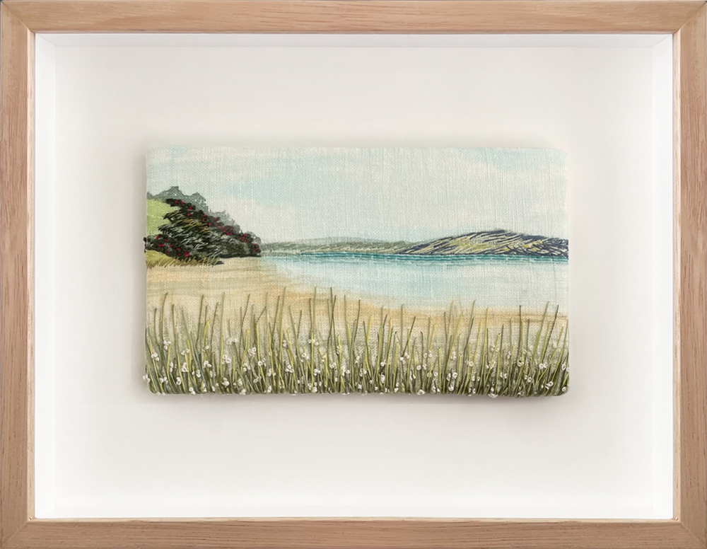 Sara Langdon, Acrylic and embroidery cotton on Linen, Framed, Still Waters 