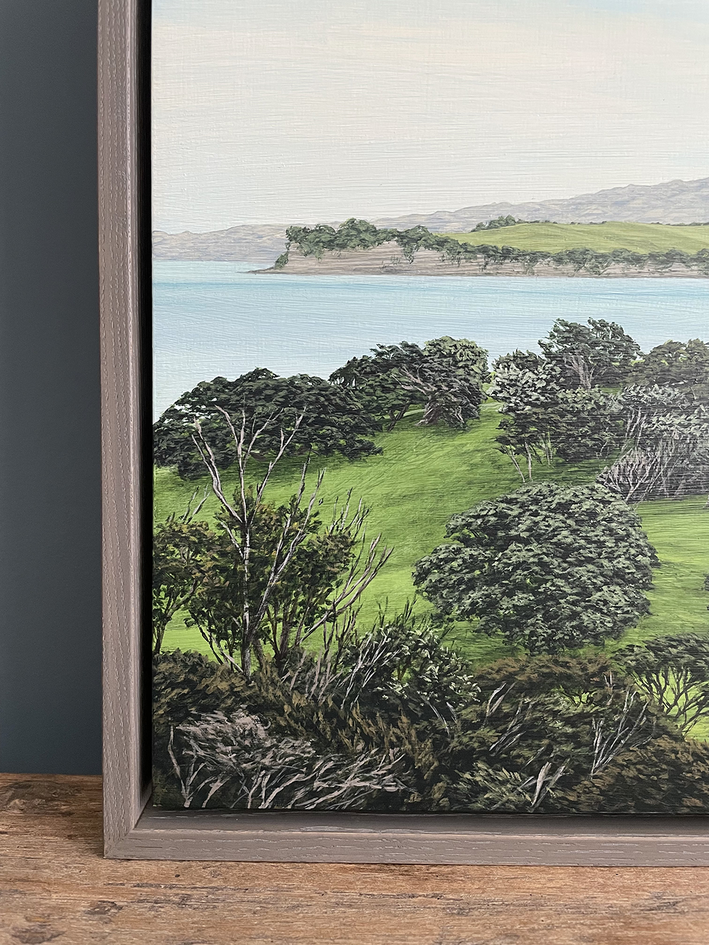 Three Islands (Waiheke towards Mototapu &amp; Rangitoto) acrylic painting by Sara Langdon Detail