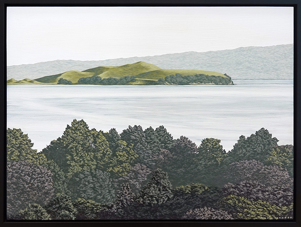 Waitemata Dawn (Browns Island & Rangitoto) acrylic on board Sara Langdon