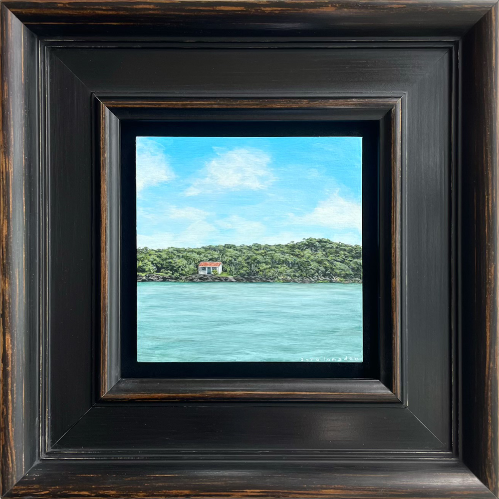 Islington Bay Rangitoto acrylic on board framed Sara Langdon