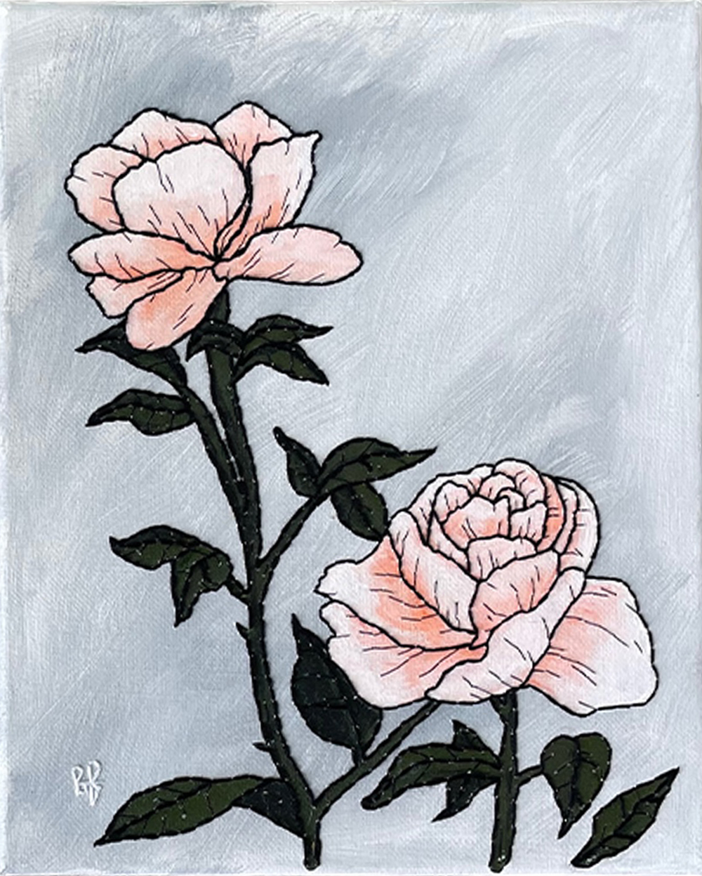 Frankie Meaden| Roses 2 | Turua Tiny Show | Turua Gallery | Hand stitched acrylic painting