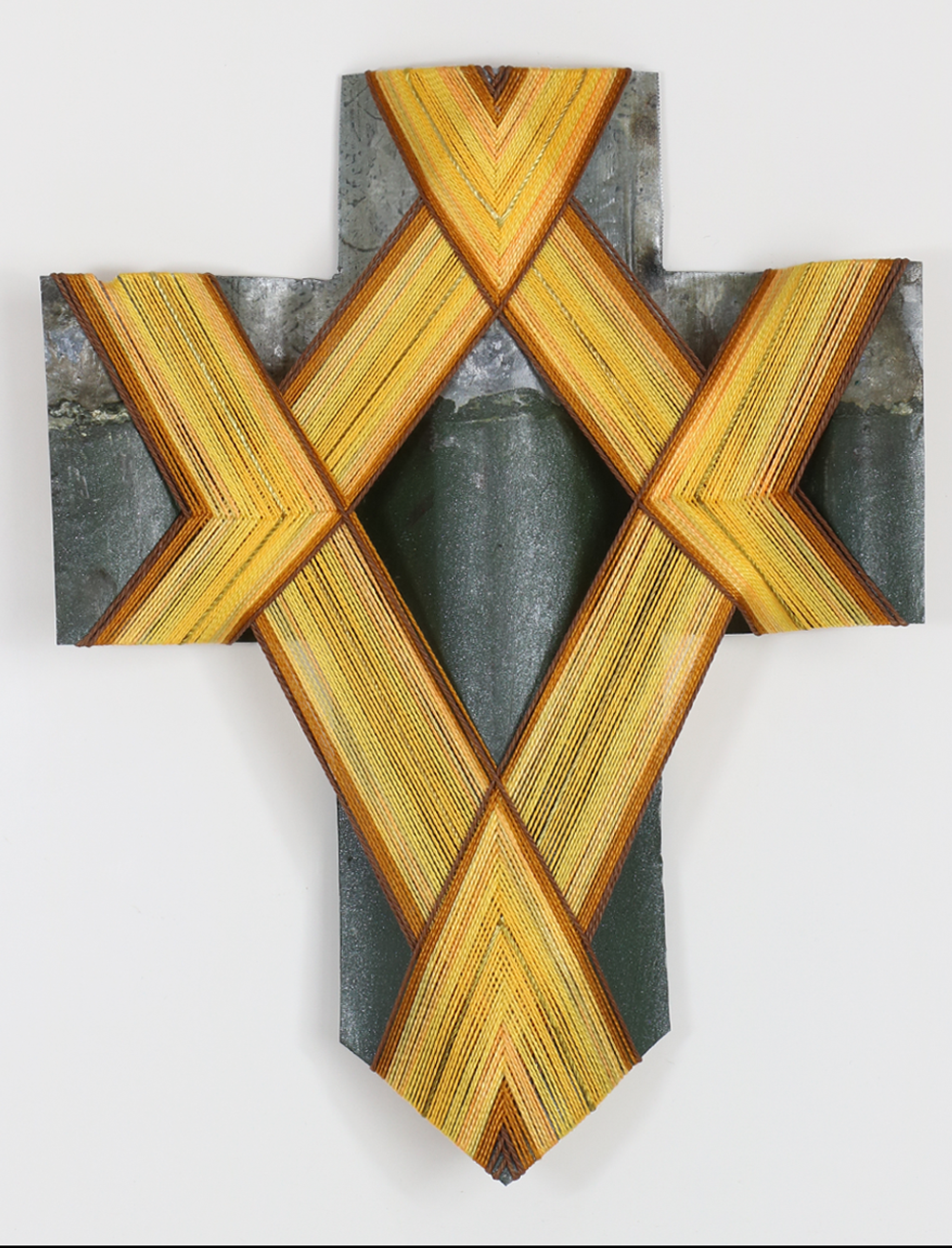 End of Autumn V, Rescued corrugated iron from Wanaka with mercerised thread and hemp cord, Gilly Sheffield