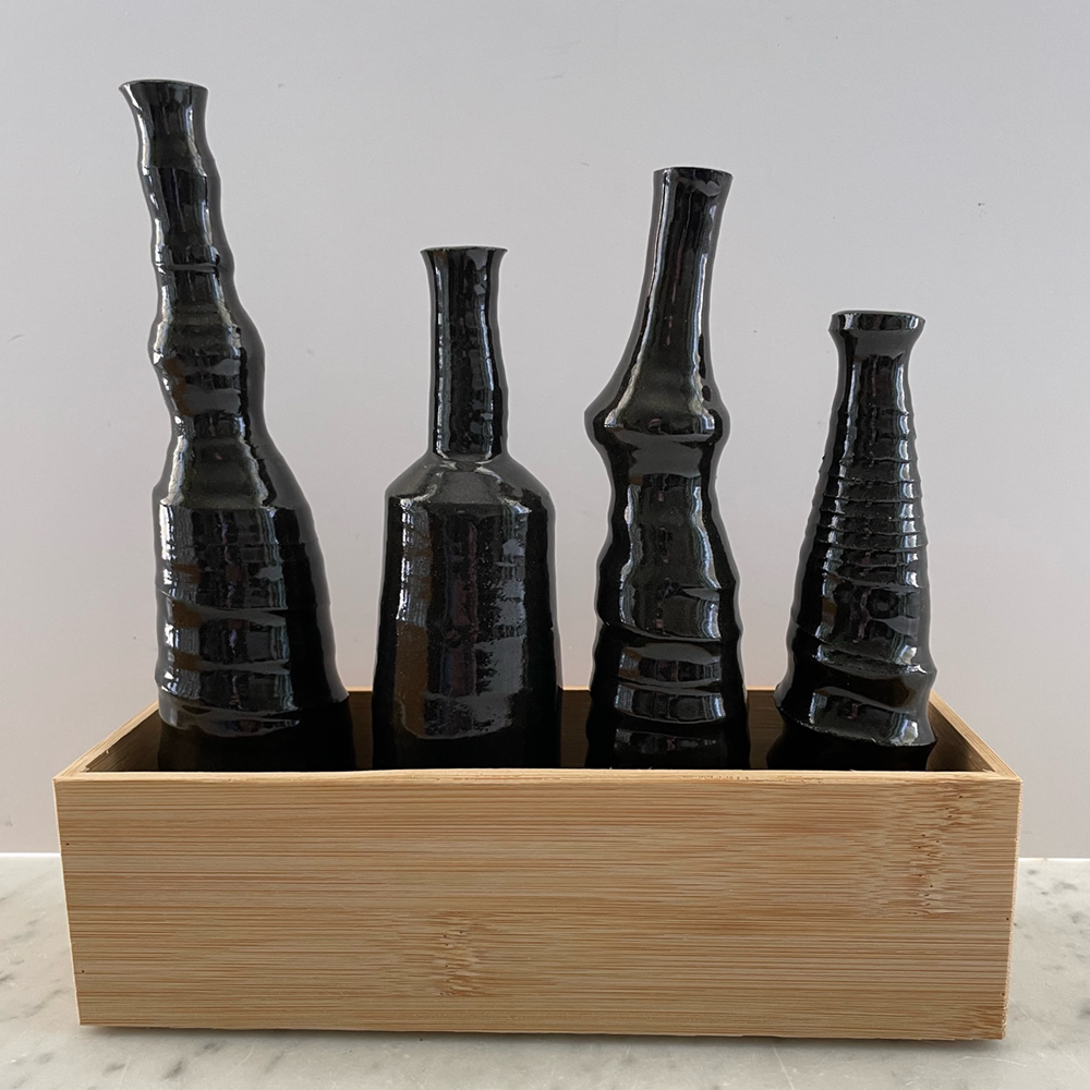 Box Set with Four Black Vases, wheel thrown stoneware, Jacqueline Kampen