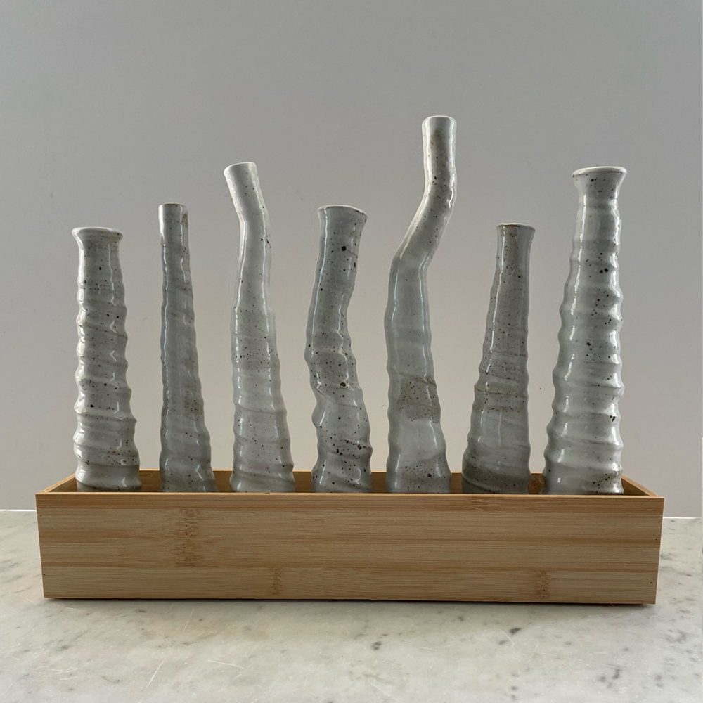 Box Set with Seven White Vases, wheel thrown stoneware, Jacqueline Kampen