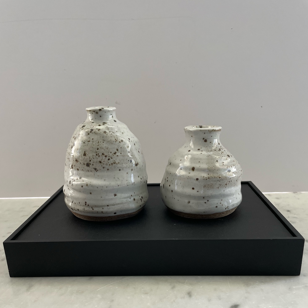 Two White Vases on Black Stand, wheel thrown stoneware, Jacqueline Kampen 