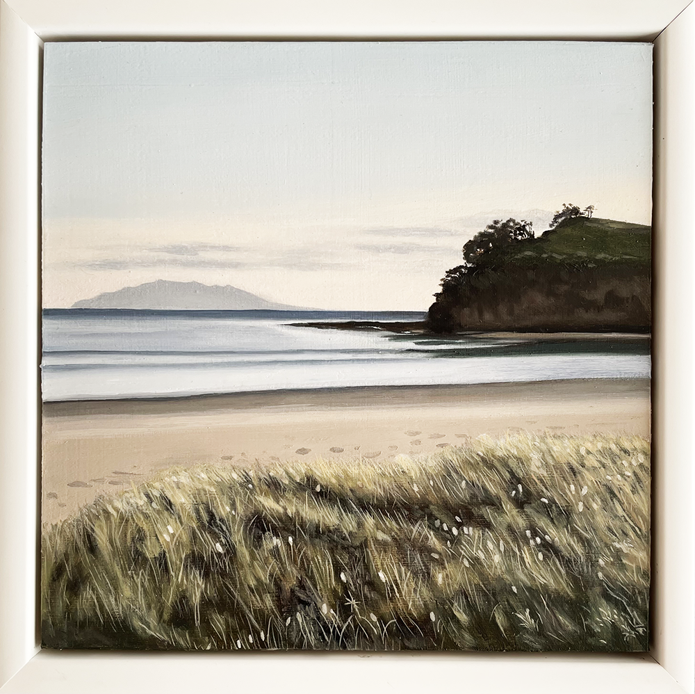 Ebb and flow (Omaha beach), oil on wood panel, framed, judith milner