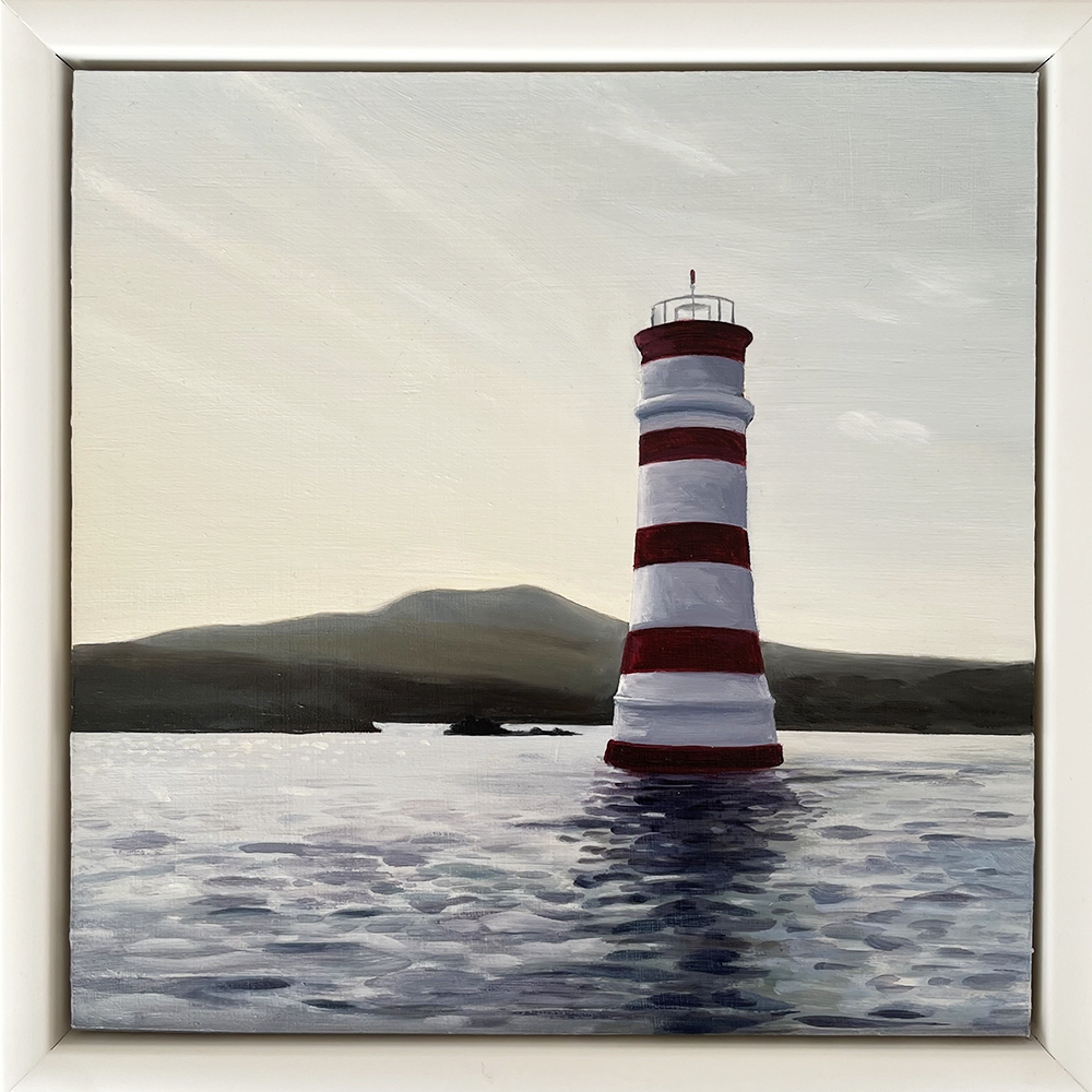 Toto (rangitoto lighthouse), oil on wood panel, framed, judith milner