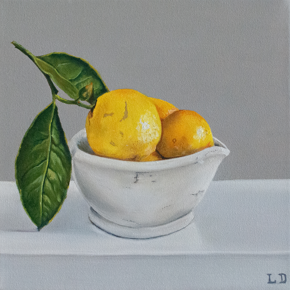 Lemons in Vintage Mortar Bowl, Lee Dewsnap, Oil and acrylic on cotton canvas 