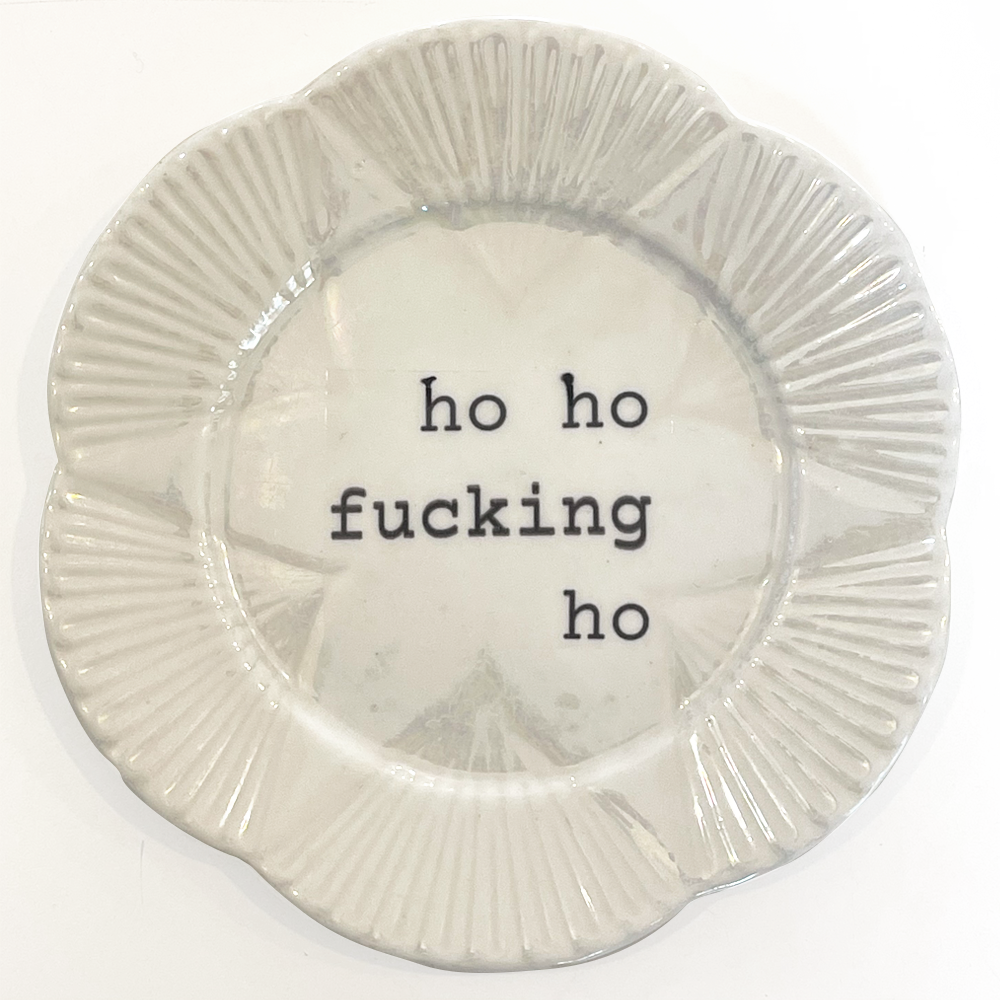 Tis the Season Ho Ho (White), transfer on vintage white side plate, Philina Den Dulk