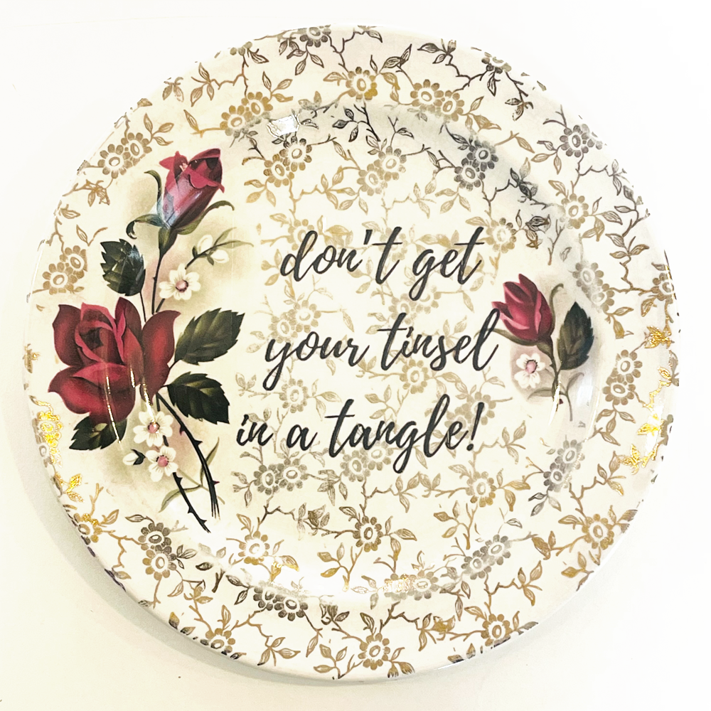 Tis the Season Tinsel, transfer on vintage side plate, philina den dulk