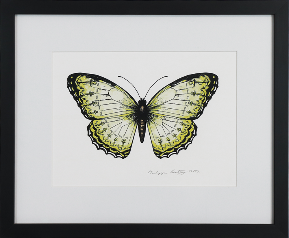 Anchor Butterfly. Individually screen-printed and hand painted with ink and watercolour on archival paper, framed. Anchor Butterfly 19/50 (Anchor Butter). Philippa Bentley