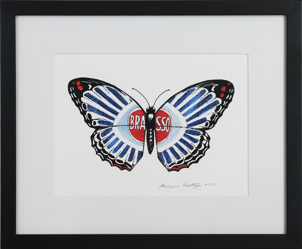 Brasso butterfly. Individually screen-printed and hand painted with ink and watercolour on archival paper, framed. 8/50. Philippa Bentley