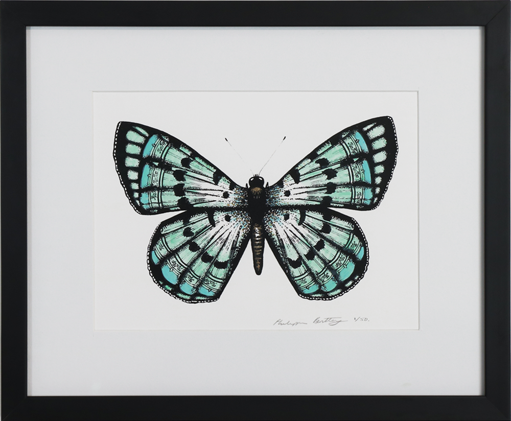Mint Blue Butterfly. Individually screen-printed and hand painted with ink and watercolour on archival paper, framed. Mint Blue Butterfly 1/50 (Mint Chocolate Chip Tip Top Ice Cream). Philippa Bentley