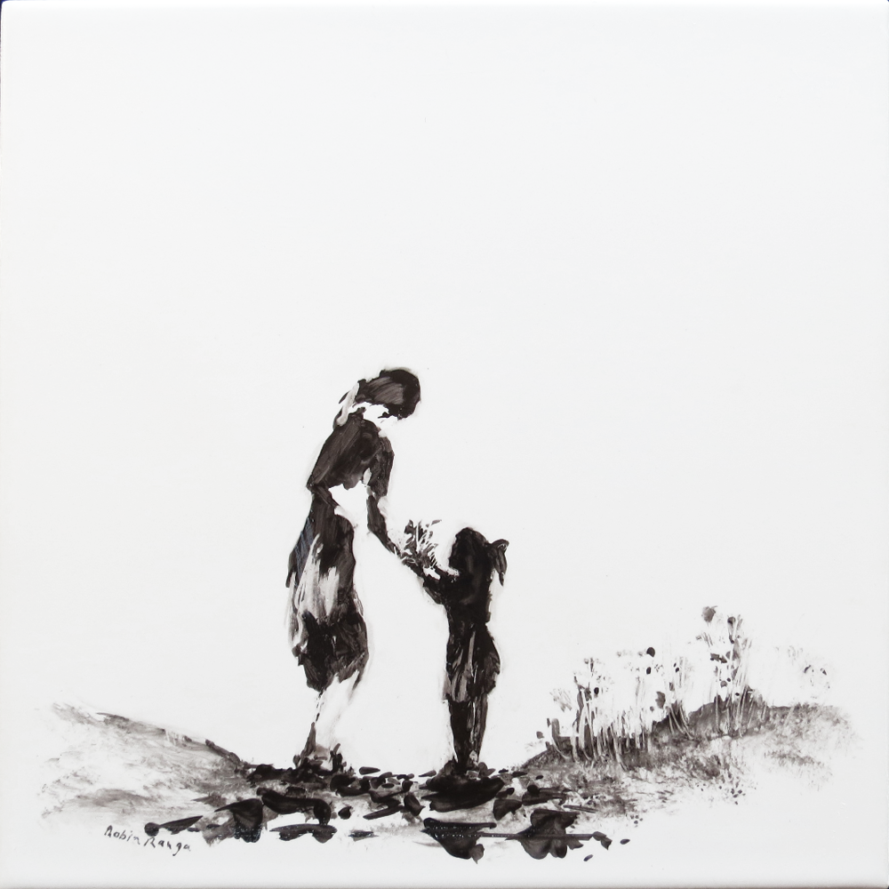 Presence. Hand painted ceramic tile on wood block. Robin Ranga