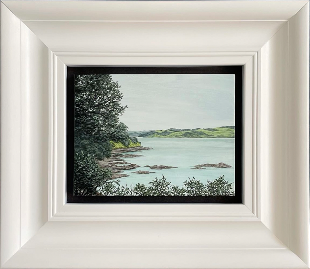 Waiheke from East. Acrylic on board, framed. Sara langdon