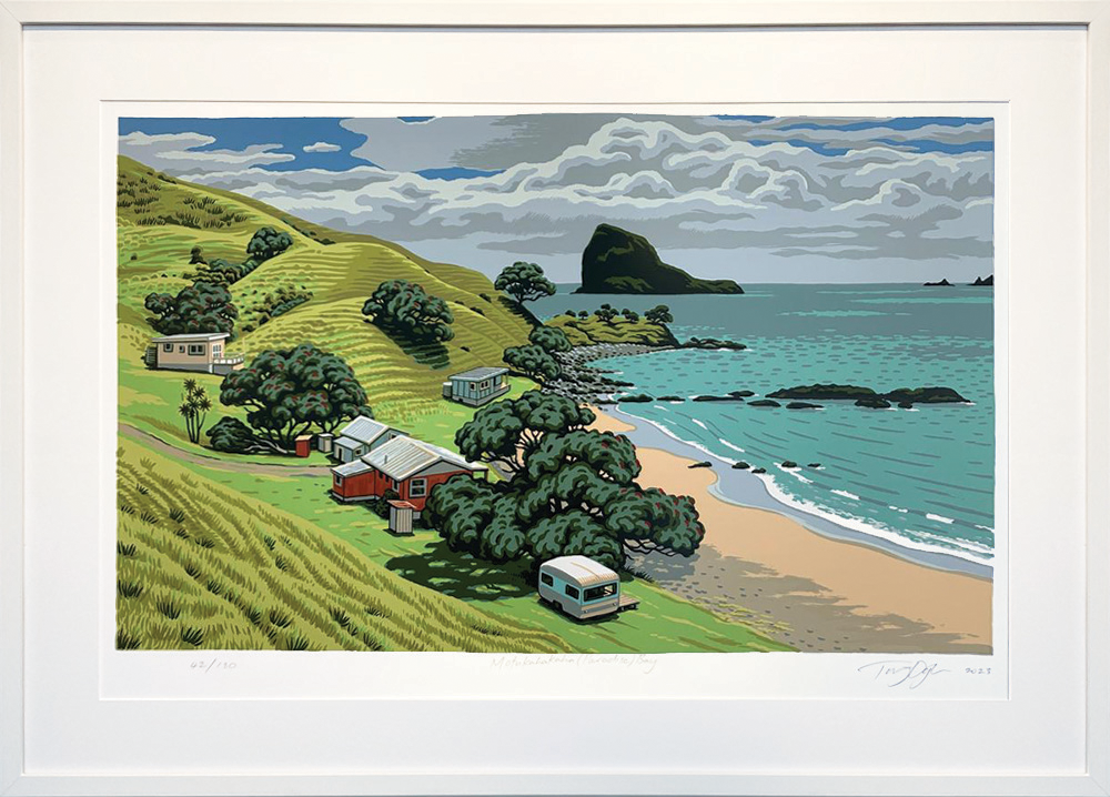 Motukahakaha (Paradise Bay) limited Edition screenprint by Tony Ogle framed