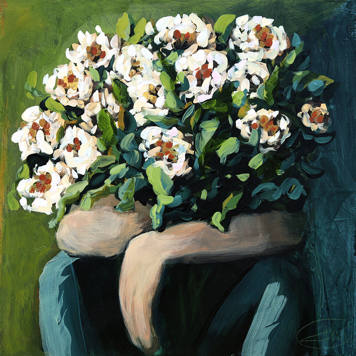 Painting of flowers encircled by a persons arms