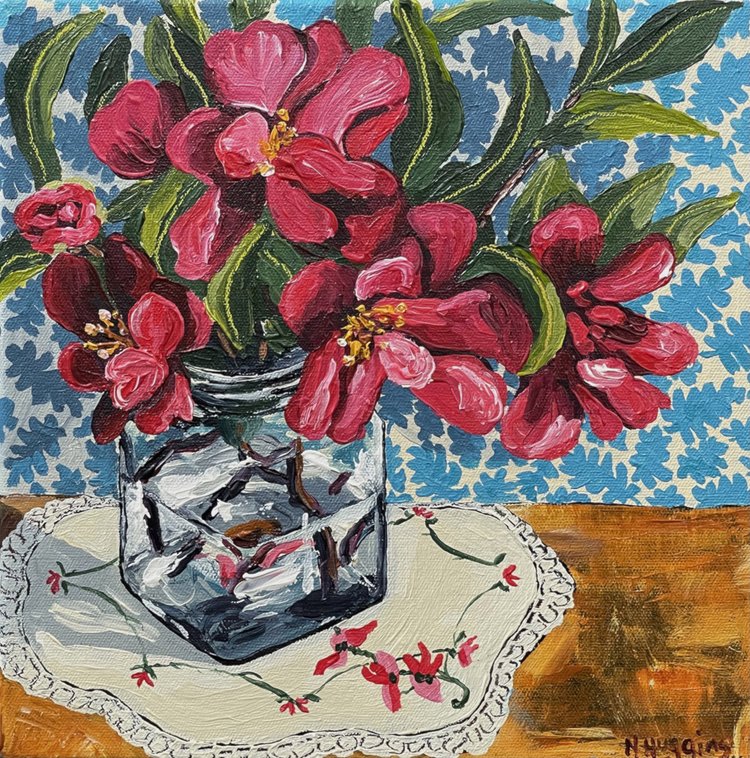 Pink Camelia On Doily | Narelle Huggins