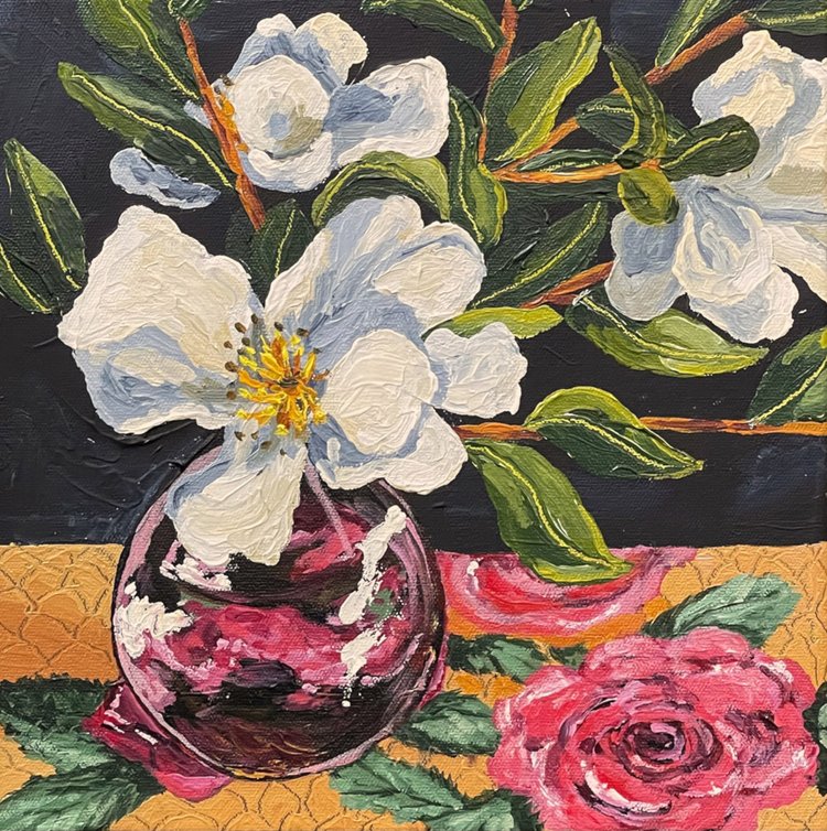 White Camelia On Rosy Tablecloth | Narelle Huggins